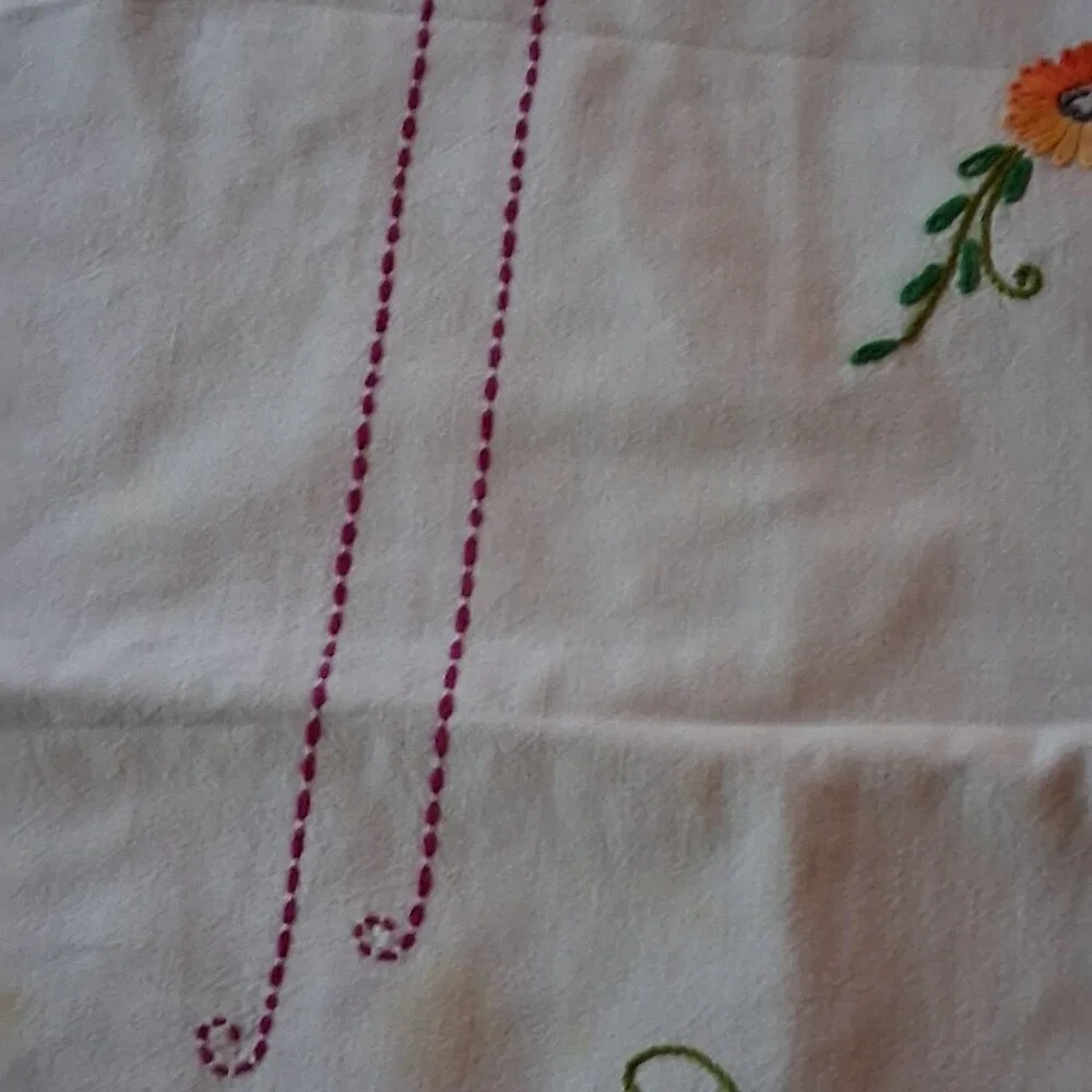 Vintage 1950s Hand Embroidered Easter Basket Tablecloth 72x53 w/ Crochet Trim